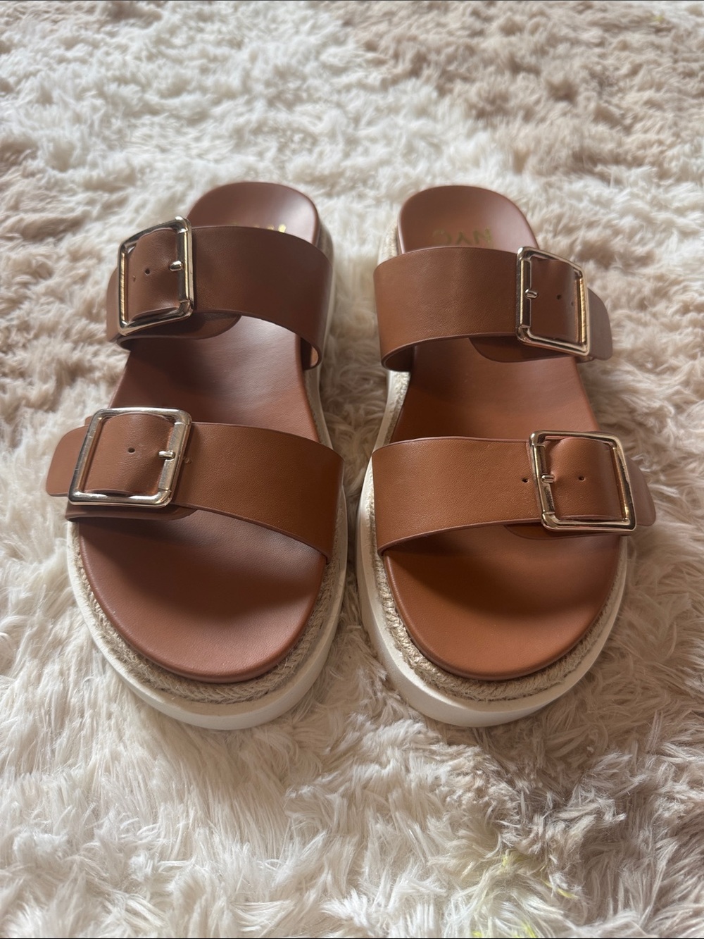 NWOT Womens Tan Double-Buckle Slide Sandals